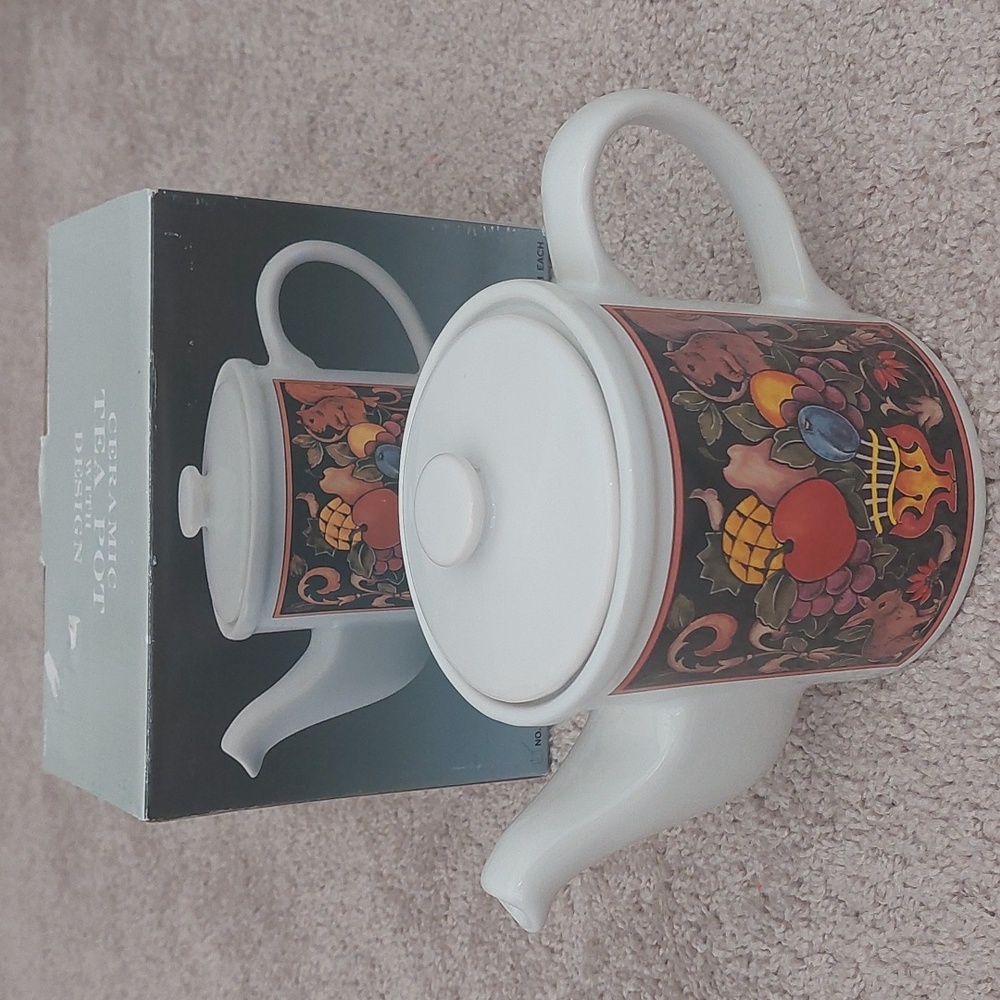 CBK LTD. White Ceramic Teapot with Colorful Nature Design NIB